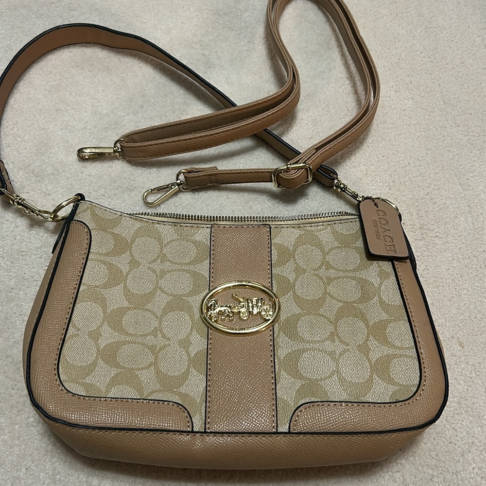 Coach Tan and Gold Logo Shoulder Bag